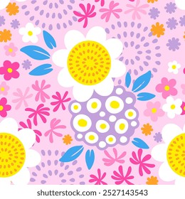 Summer seamless pattern, y2k. Vector hand drawn flowers, stylized daisies and sunflowers on pink background