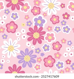 Summer seamless pattern, y2k. Vector hand drawn stylized flowers on pink background