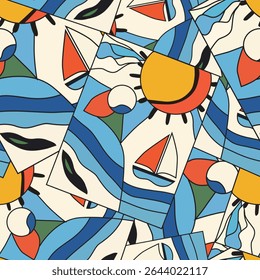 Summer seamless pattern with yacht, sun and sea, design elements. Summer pattern for invitations, cards, print, gift wrap, manufacturing, textile, fabric, wallpapers