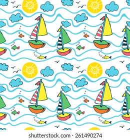 Summer seamless pattern with yachts, sun, sea and fish.