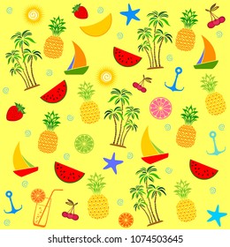 Summer seamless pattern. Yellow summer background with watermelon slice, pineapple, sun, palm tree, starfish, cocktail, boat, anchor and strawberry. Fashion print design. Flat style. Vector
