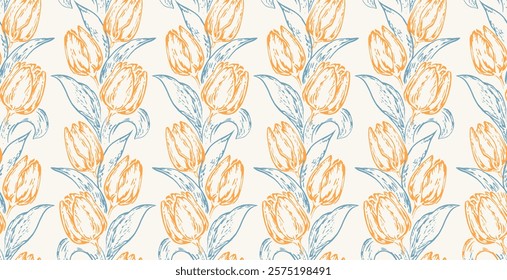 Summer seamless pattern with yellow flowers tulips and blue leaves. Vector drawing abstract contour silhouettes, line, outlines floral print. Simple nature ornament for designs, textiles, cover