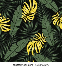Summer seamless pattern with yellow and green tropical leaves and plants on a dark background. Illustration in Hawaiian style. Jungle leaves. Botanical pattern.  Creative abstract background.