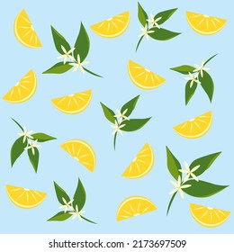 Summer seamless pattern with yellow lemon slices, green leaves and small light flowers on a light blue background in a flat style