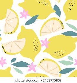 Summer seamless pattern with yellow lemons, flowers and leaves. Fruit repeated background. Vector illustration