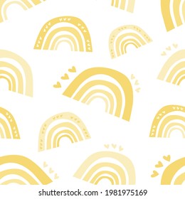 Summer seamless pattern of yellow rainbows with hearts. Scandinavian boho style, children's print, pastel colors. Boho print, texture from cute yellow rainbows for nursery. For baby fabric and textile