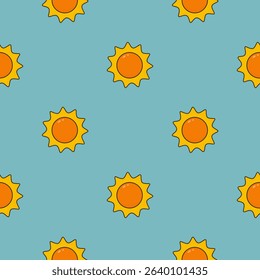 Summer seamless pattern of yellow suns on blue background, creating vibrant and cheerful design, ideal for summer themes, childrens art, and playful projects. Vector art