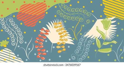 Summer seamless pattern-background with multicolored leaves, branches. Colorful hand drawn vector illustration done in red, yellow, green colors. For cards, banners, wallpaper, textile, wrapping