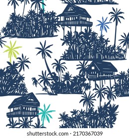 Summer seamless pattern.Palm tree and beach bungalow drawing.Marine vector print.