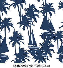 Summer seamless pattern.Palm tree and sailboat drawing.Marine vector print.