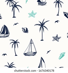 Summer seamless pattern.Palm tree,sailboat,shell,starfish drawing.Surfing vector print.