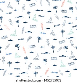 Summer seamless pattern.Palm tree,surfboard,sailboat,shark  drawing.Surfing vector print.