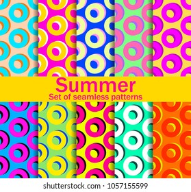 Summer seamless patterns with circles and bright colors. A collection of ten backgrounds. Vector illustration