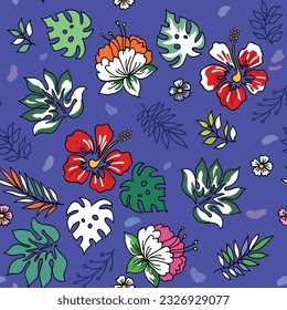 Patrones veraniegos sin costura con hojas y flores decorativas. Para impresión de moda y embalaje decorativo.