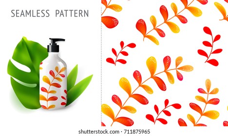 Summer seamless patterns, demonstrated on mockup installation with bottle. Can be used for embroidery, print or silkscreen on fabric.