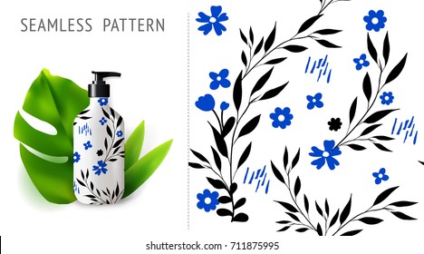 Summer seamless patterns, demonstrated on mockup installation with bottle. Can be used for embroidery, print or silkscreen on fabric.