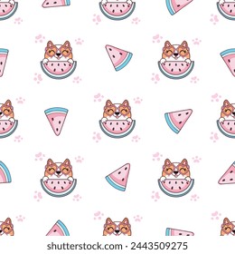 Summer seamless patterns for dogs. Digital printing paper. Seamless drawing of a funny puppy on a white background. 