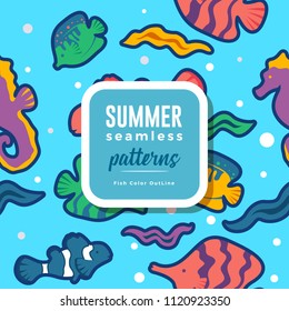 SUMMER seamless patterns : Fish Color OutLine