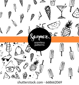 Summer seamless patterns with ink sketch ice cream cone and popsicle, fruits, cocktails, phone, sandals, shades, swimsuit. Hand drawn backgrounds in black and white.