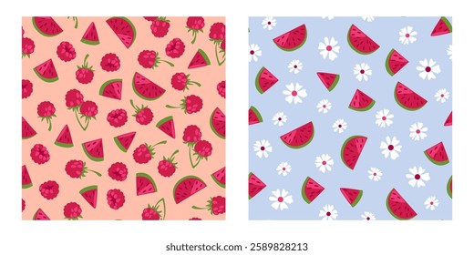 Summer seamless patterns set with juicy watermelon slices and ripe raspberries scattered among white wild flowers on blue backdrop. Fresh fruit designs for textile, kitchen accessories, packaging.