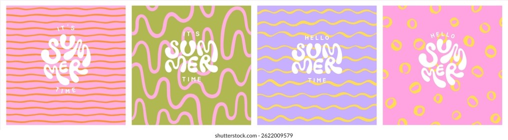 Summer seamless patterns set. Uneven hand drawn wavy stripes waves circles. Deformed fluid uneven organic bold lines. Hello summer hand lettering. Hippie doodle funky groovy backgrounds collection.