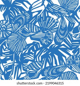 Summer seamless pattern.Tropical leaf, sea shell, toucan bird vector print. Fun t-shirt design.Vector illustration design for fashion fabrics, textile graphics, print.