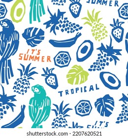 Summer seamless pattern.Tropical mood.Parrot,pineapple,grape,banana  vector print.Fun t-shirt design.Vector illustration design for fashion fabrics, textile graphics, print.