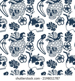 Summer seamless pattern.Tropical mood.Skull,pineapple,cocktail,banana  vector print.Fun t-shirt design.Vector illustration design for fashion fabrics, textile graphics, print.