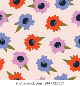 Summer seamless print with hand drawn flowers. Bright print in boho style. Vector.