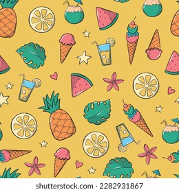 summer seamless pttern with hand drawn summer food and drinks. Good for wallpaper, wrapping paper, scrapbooking, stationary, textile prints, nursery decor. EPS 10
