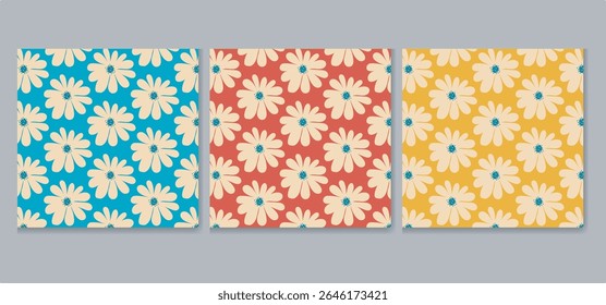  summer Seamless retro floral patterns in blue, red, and yellow backgrounds. Features cream-colored daisy flowers with teal centers. Perfect for textiles, packaging, and vintage-inspired designs.