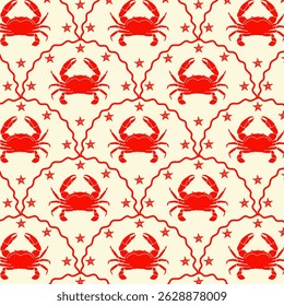 Summer seamless retro pattern with hand drawn crabs. Sea pattern with crab. Vector.