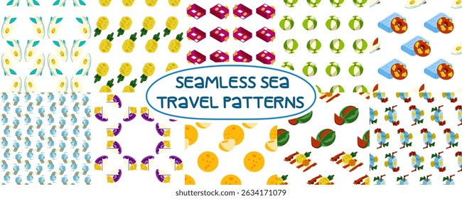 Summer Seamless Sea Pattern Pack — collection of 10 colorful seamless patterns with travel elements like fruits, pool toys, towels, and beach objects in flat cartoon style.






