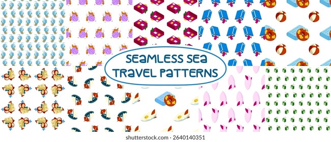 Summer Seamless Sea Pattern Pack. Set of 10 seamless summer patterns with cartoon travel and beach elements: sandcastles, beach bags, backpacks, flip-flops, juice boxes, donuts, boats, books, and more