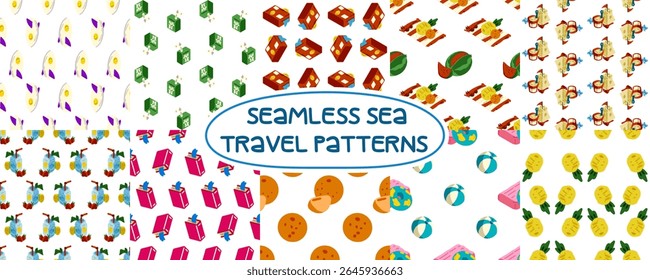 Summer Seamless Sea Pattern Pack. Collection of 10 seamless cartoon-style patterns featuring summer vacation and beach travel elements: suitcases, swimsuits, drinks, fruits, beach toys, juice boxes, p