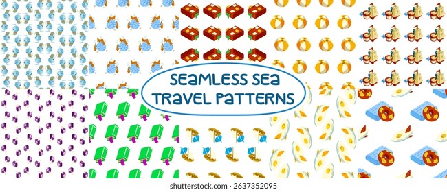 Summer Seamless Sea Travel Patterns. Collection of 10 seamless cartoon patterns with summer travel and sea vacation elements — luggage, toys, surfboards, drinks, beach balls, inflatable floats.