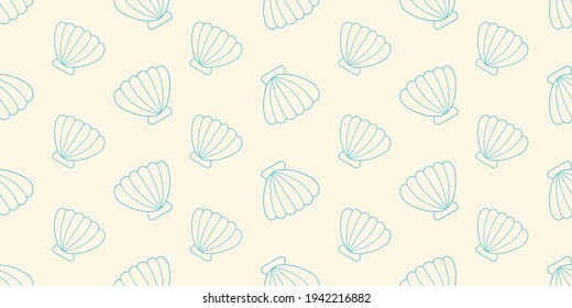 Summer seamless shell pattern. Vector illustration with shells. Marine background. Outline shells on a yellow background.
