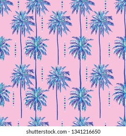 Summer seamless sweet palm trees pattern on sweet pink background. Landscape regular pattern,vector hand drawn style design for fashion,fabric,web,wallpaper and all pirnts 