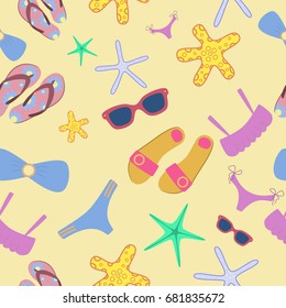 Summer seamless with swimming accessories on yellow background. Beach pattern