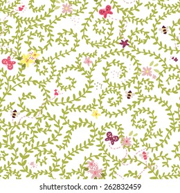 summer seamless texture, floral pattern with bees ans butterflies, vector illustration