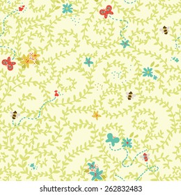 summer seamless texture, floral pattern with bees ans butterflies, vector illustration