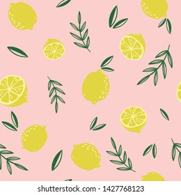 
Summer seamless texture with lemons and twigs on a pink background. Fruit pattern for fabric and wallpaper.