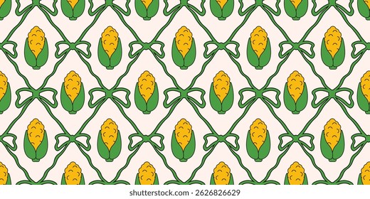 Summer. Seamless Trellis with corn bow and ribbon. Vector illustration of seamless corns pattern. Perfect Coquette style vegetables wrapping paper wall deco print template design. EPS 10