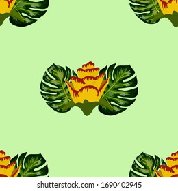 Summer seamless tropical floral pattern with bright yellow and red plants and leaves. Beautiful print with hand drawn exotic plants. Seamless exotic pattern with tropical plants