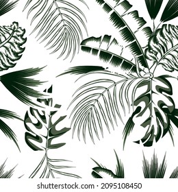 Summer seamless tropical pattern with abstract plant leaves and foliage on white background. Modern abstract design for fabric, paper, interior decor. Summer hawaiian. nature wallpaper. Exotic tropic