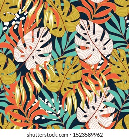 Summer seamless tropical pattern with beautiful yellow and white leaves and plants on blue background. 
Seamless pattern with colorful leaves and plants. Seamless exotic pattern with tropical plants.