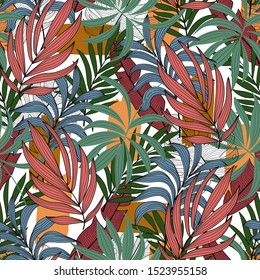 Summer seamless tropical pattern with beautiful pink and green leaves and plants on a light background. Exotic wallpaper. Hawaiian style. Beautiful print with hand drawn exotic plants.