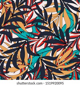 Summer seamless tropical pattern with bright black and blue leaves and plants on white background. 
Beautiful exotic plants. Seamless pattern with colorful leaves and plants.