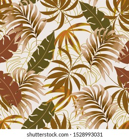 Summer seamless tropical pattern with bright colorful leaves and plants on delicate background. Beautiful exotic plants. Seamless exotic pattern with tropical plants.  Tropic leaves in bright colors.