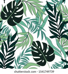Summer seamless tropical pattern with bright green plants and leaves on white background. 
Beautiful print with hand drawn exotic plants. Tropic leaves in bright colors.
